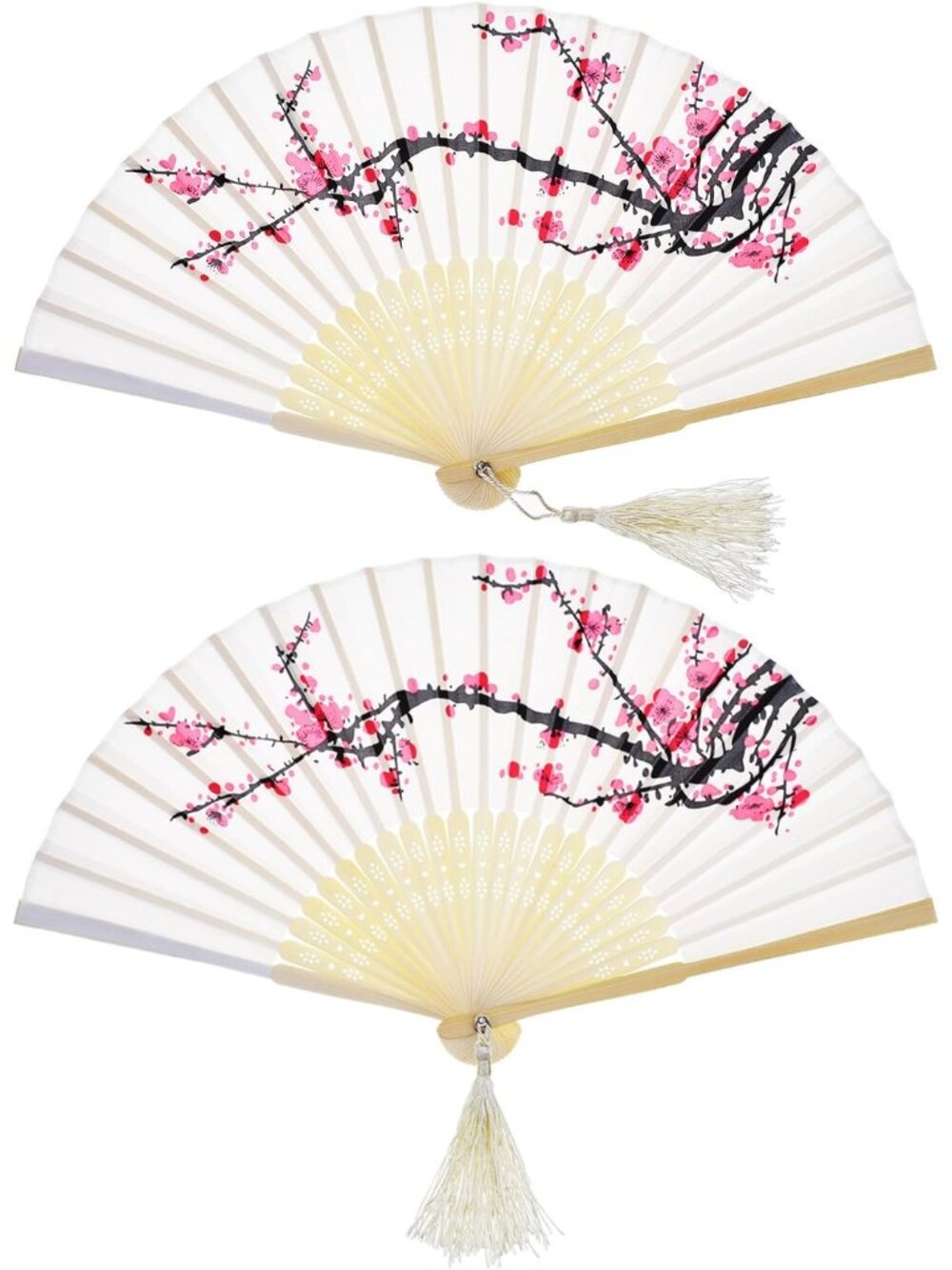 2 Pieces Handheld Silk Folding Floral Fans, Cherry